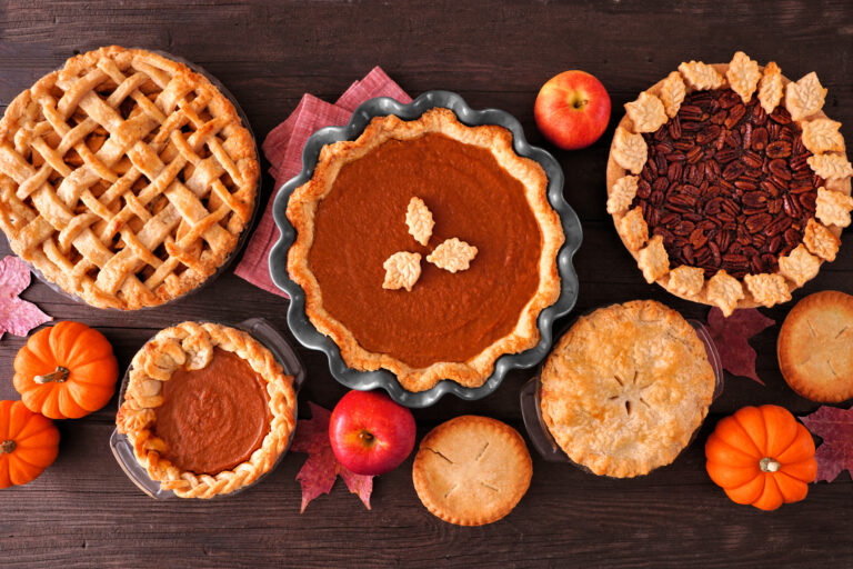 Assortment of homemade fall pies. Apple, pumpkin and pecan. Top-down view table scene on a dark wood background.